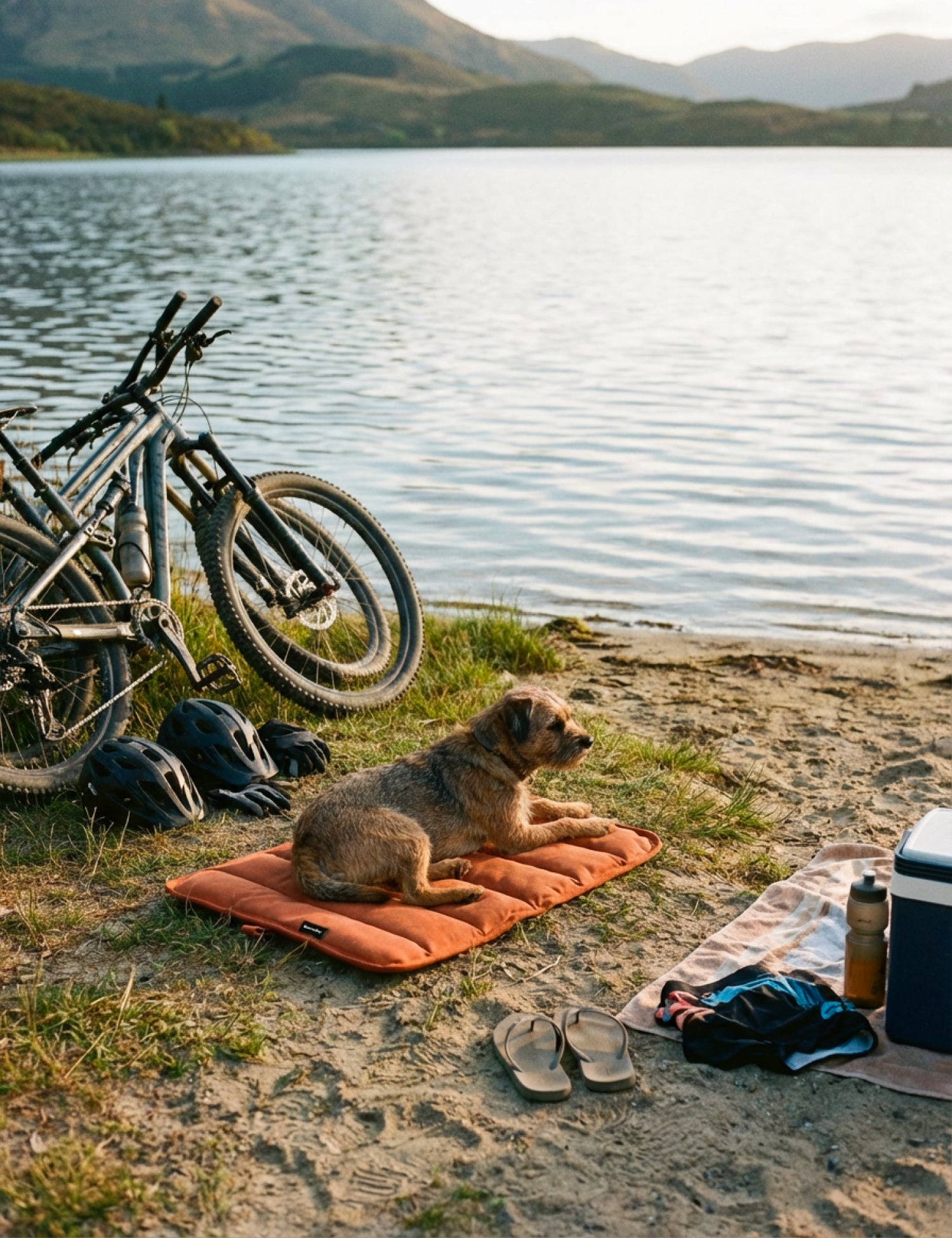 Dog resting on an orange blanket by a lake with bicycles and camping gear nearby.
