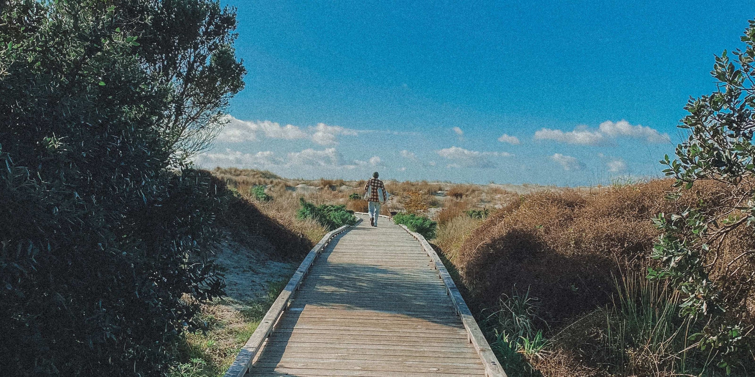 Person walking on a wooden path through a natural landscape with blue sky and clouds.